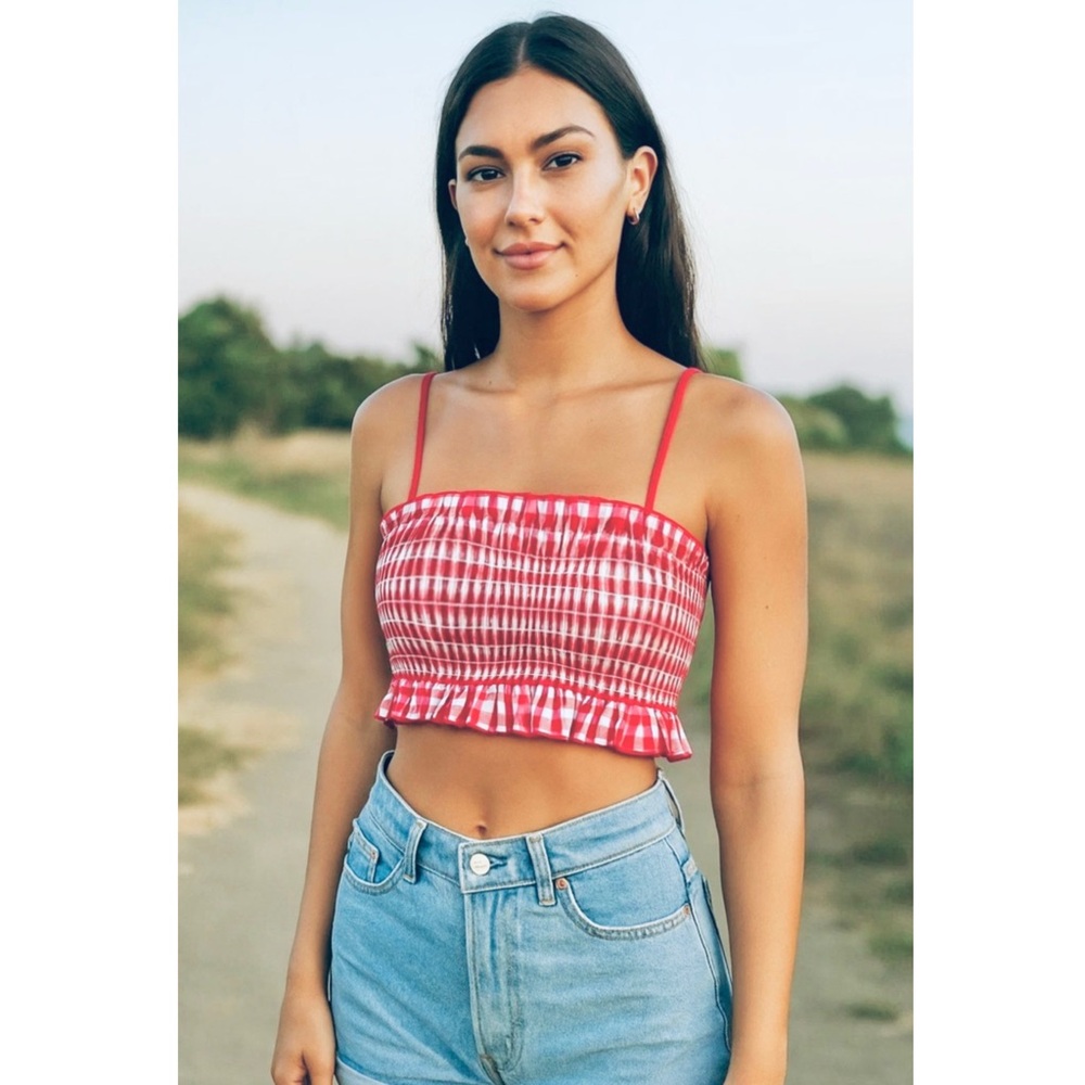 Colsie Red Gingham Ruffle Smocked Top - Picture 5 of 5